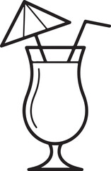 Simple black and white outline drawing of a tropical cocktail with umbrella and straw