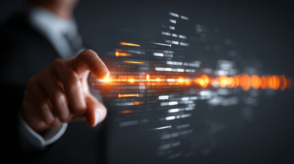 Businessman hand touching glowing digital interface, futuristic technology, innovation, data transfer, modern concept