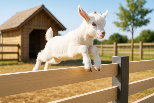 Energetic baby goat leaping over wooden fence in sunny rural farm setting with barn and green trees in soft light background. Ai generative. Ai generative