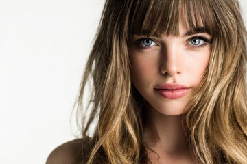 Naklejka premium Close up image of a stylish young woman gazing at the camera against a white backdrop