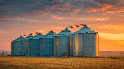 Grain silo metal structure rural landscape agricultural field sunset sky storage facility golden hour countryside