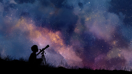 Silhouette child telescope night sky star astronomy grass dreamy exploration. child gazes through telescope under starry night sky feeling wonder