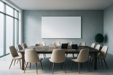 Modern office meeting room with large blank board, wooden table, beige chairs, and natural light through glass walls in minimalist interior concept.