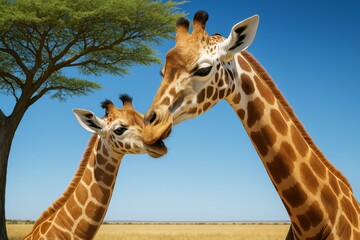 Tender moment between two affectionate giraffes under clear blue sky in savanna landscape, symbolizing love, care, and wildlife bonding. Ai generative