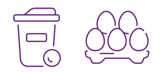 Simple line art icons show a trash bin and a carton of eggs, representing food waste or recycling concepts.