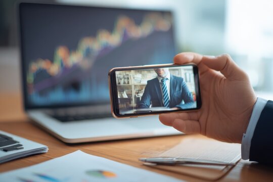 Businessman in a suit participates in a video call on his phone at an office with a laptop and papers Financial charts are visible Trading concept