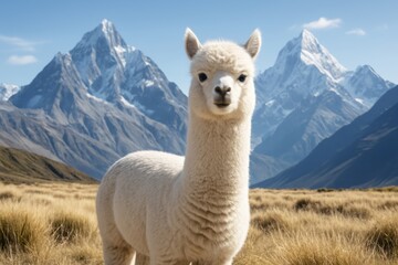 Fototapeta premium Cute white alpaca standing in golden grass with majestic snow-capped mountains in the background under a clear blue sky in daylight. Ai generative