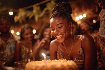 Image of a happy African girl with a birthday cake and friends at a celebration