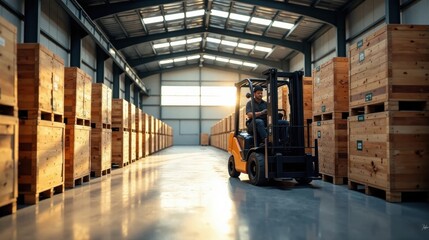 A warehouse worker operates a forklift, skillfully navigating rows of neatly stacked wooden crates in a sunlit industrial facility.