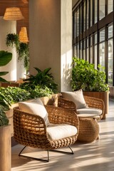 A quiet lounge with woven chairs, indoor greenery, and soft golden light Staff are resting with their eyes closed The mood feels gentle, Generative AI
