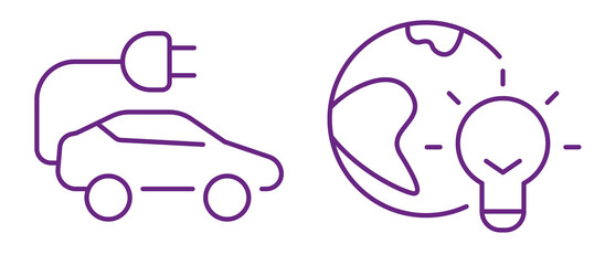 Electric car charging next to a glowing lightbulb and planet Earth, symbolizing eco-friendly transportation and innovation.