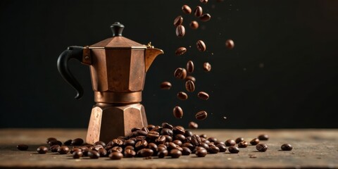 A copper coffee maker with roasted beans falling and scattered on a rustic surface