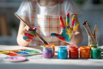Children create art Young girl paints in bright room Schoolchild draws rainbow Kid completing art assignment Crafts for kids Paint on hands Young artist at work