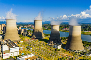 Thermal power plant under blue sky and white clouds