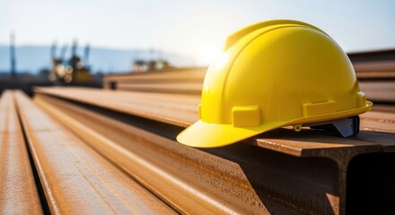 Bright Yellow Hard Hat Resting on Steel Beams in Sunlight