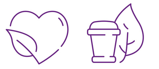Green heart and reusable cup icons symbolizing eco-friendly lifestyle and sustainability