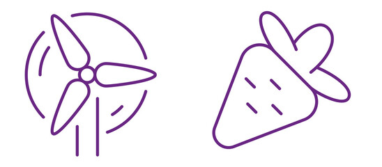 Simple line art icons representing renewable energy and healthy food choices