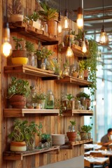 A rustic break area with wooden shelves full of plants and vintage lamps Employees are eating lunch in a relaxed atmosphere The mood feels, Generative AI