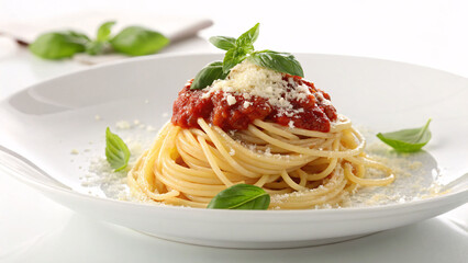 Spaghetti with tomato sauce, grated cheese, and fresh basil on white plate
