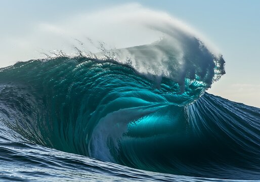 Powerful ocean wave crashing and breaking in the sea