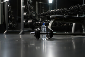 Fototapeta premium Dumbbell and water bottle on gym floor with equipment in background