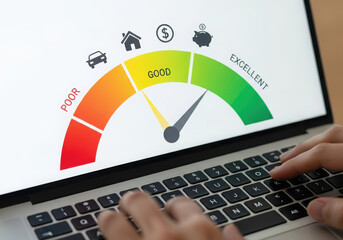 Person checking credit score on laptop with financial meter and icons
