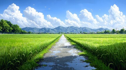 Obraz premium Serene path through field, vibrant blue sky above