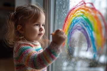 Charming young girl paints a rainbow on a window as a symbol of hope Engaging activities for children at home during lockdown Theme of self isolation and COVID 19 quarantine