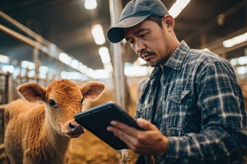 Cattle farming in agriculture A tech savvy farmer uses a tablet for livestock management Portrait of an Asian man with a calf on the farm