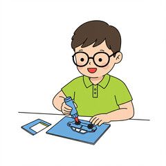 A happy cartoon boy with glasses is studying and coloring car pictures with crayons at school