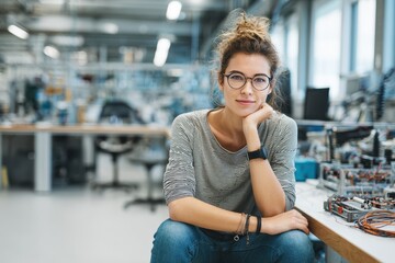 Image of a young woman scientist at her engineering lab desk facing the camera with space for text