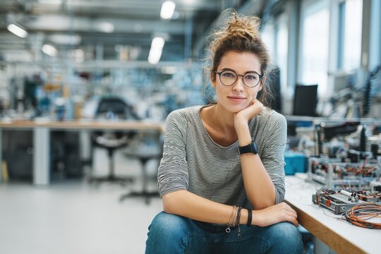 Image of a young woman scientist at her engineering lab desk facing the camera with space for text