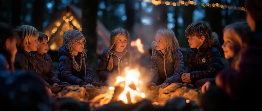 Children bonded and told stories under the sky while huddled around a campfire.