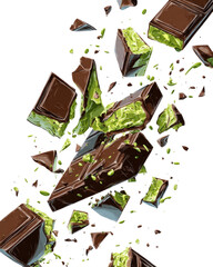 Exploding mint chocolate bar.  Pieces of a dark chocolate bar with a vibrant green mint filling are flying apart, against a black background.  The mint filling is visibly chunky