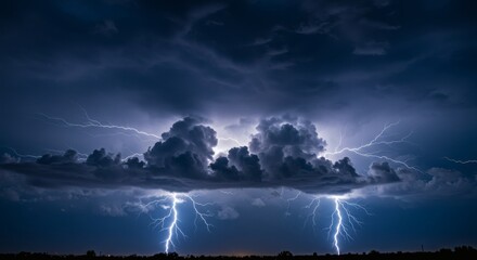 Powerful Twin Lightnings Dramatic Sky during Storm.
