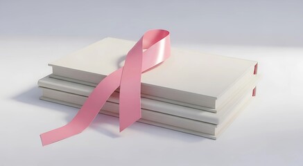 Show your support with this awareness ribbon resting on a stack of books, perfect for campaigns, education, or thoughtful projects about breast cancer awareness and research