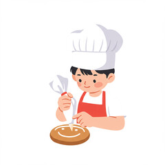 Happy cook in a cartoon chef hat holding a gourmet meal with red bouncy on top of the cake