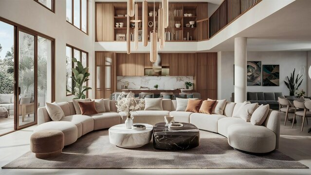 Spacious modern living room with curved sectional sofa and large windows