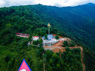 Aerial view of standing trident on Mountain hill in kathmandu, Nepal.