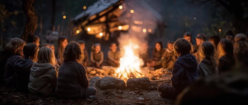 Children bonded and told stories under the sky while huddled around a campfire.