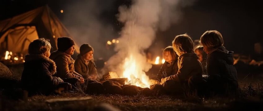 Children bonded and told stories under the sky while huddled around a campfire.
