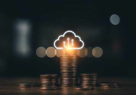 Cloud computing icon glowing above stack of coins