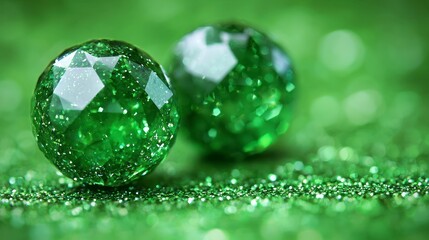 Shiny green spheres on glittery surface