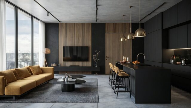 Modern living room with large windows and a bar area - Powered by Adobe