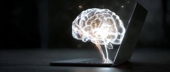 The laptop's brain network projection explodes. AI signal data causes the lines of neurones to light. Modern technology emphasises digital connections. - Powered by Adobe
