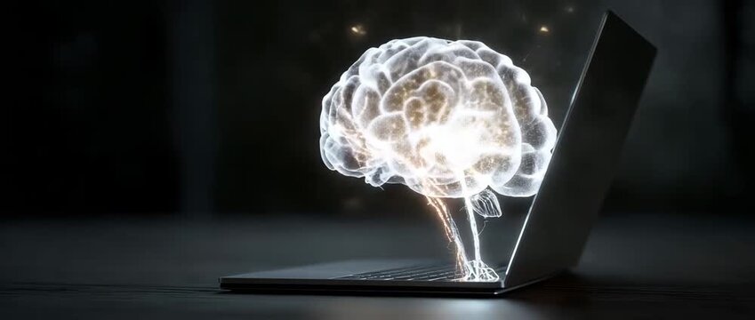 The laptop's brain network projection explodes.  AI signal data causes the lines of neurones to light.  Modern technology emphasises digital connections.