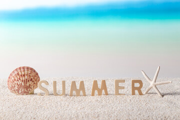 Summer word on tropical beach bright Color . background layout banners