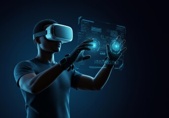 Immersive VR Gaming: Diverse User Engages with Futuristic Digital Interface and Haptic Gloves, Exploring the Metaverse and Advanced Technology.