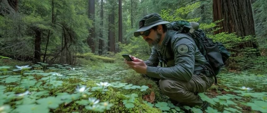 An ecologist uses a mobile data recorder while kneeling on the forest floor to catalogue understory plants, creating a detailed species inventory amidst lush vegetation.
