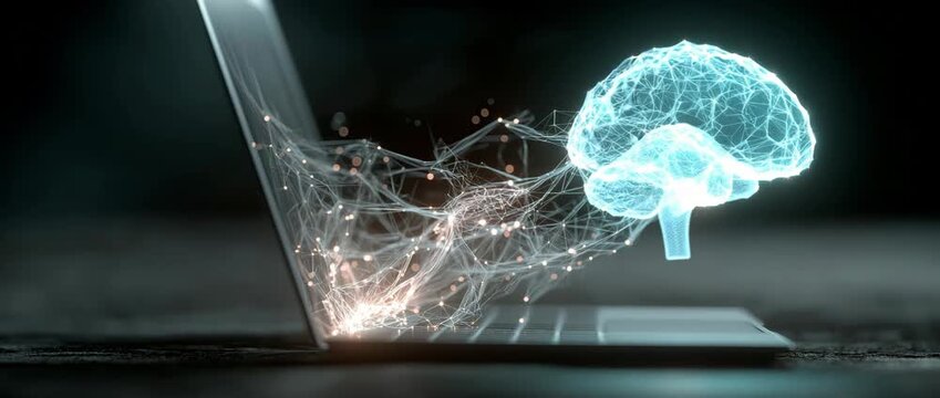 The laptop's brain network projection explodes.  AI signal data causes the lines of neurones to light.  Modern technology emphasises digital connections.